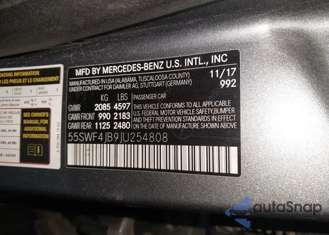 2018 Mercedes-Benz C 300 из США, поврежденный, VIN 55SWF4JB9JU254808